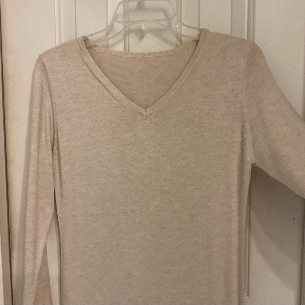 Sweater dress, long and lean, v-neck, oatmeal color, long sleeve, soft, Sz Small - Picture 3 of 8